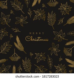 Festive postcard for invitation to a holiday party, in gold colors. Square greeting card with traditional xmas plants, holly symbol in doodle line style, isolated on black background.