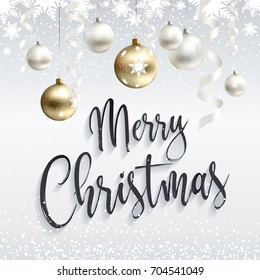 Festive postcard. Merry Christmas. Christmas gold balls and white streamers, snow-flakes and confetti. EPS10
