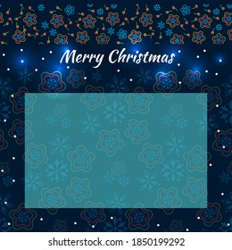 Festive postcard on Christmas Eve. Place for your text. Dark background and shining snowflakes. Beautiful background with snowflakes and ornament.