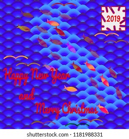 Festive postcard in oriental style with text - Happy New Year and Merry Christmas, against background of national oriental pattern, multi colored fish scales of carp Koi. Vector illustration.   