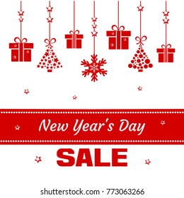 Festive postcard. Red gift boxes end christmas trees, snowflake and inscription New Year's Day, SALE. Vector illustration