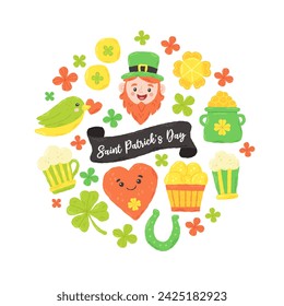 Festive postcard for St. Patrick's Day with lettering. Hand drawn flat cartoon elements. Vector illustration