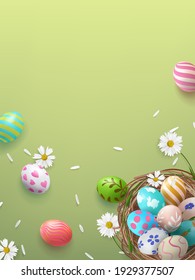 Festive poster with basket and Easter eggs decorated with flowers and petals with a place for an inscription. Illustration for the day of Happy Easter.