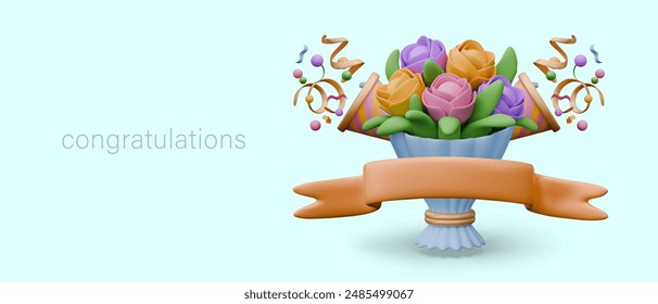 Festive poster with bouquet and confetti cracker. Empty ribbon, space for text