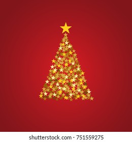 Festive poster Christmas background with copy space. Golden stars and tree on red