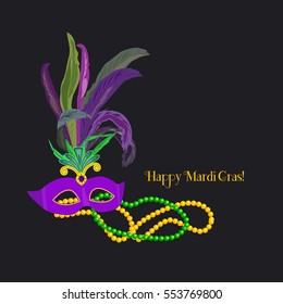 Festive poster concept. Mardi Gras celebration. Freehand cartoon fancy mask feather beads. Masquerade parade traditional symbol. Traditional holiday carnival sign. Vector decoration banner background