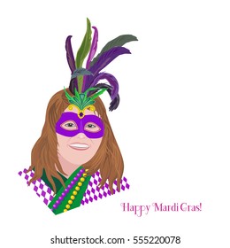 Festive poster concept. Mardi Gras holiday celebration. Freehand cartoon girl carnival mask. Masquerade parade traditional symbol. Traditional holiday sign. Vector decorative retro banner background
