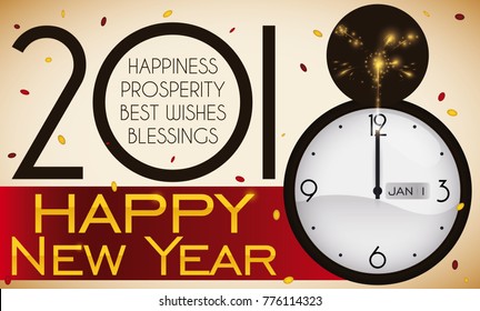 Festive poster with confetti shower and a clock counting down for New Year and good wishes for you in the 2018.