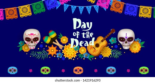 Festive poster for Day of the Dead with sugar skulls