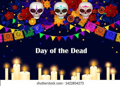 Festive poster for Day of the Dead with sugar skulls