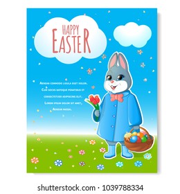  Festive poster for Easter. Easter bunny with a basket of painted eggs and tulips. Easter cake with a burning candle. Against the blue sky and green grass. Vector illustration.