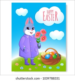 Festive poster for Easter. Easter bunny in a purple cloak with a basket of painted eggs and gerberas. Easter cake with a burning candle. Against the blue sky and green grass. Vector illustration.