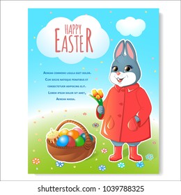 Festive poster for Easter. Easter bunny in a red cloak with a basket of painted eggs and tulips. Easter cake with a burning candle. Against the blue sky and green grass. Vector illustration.