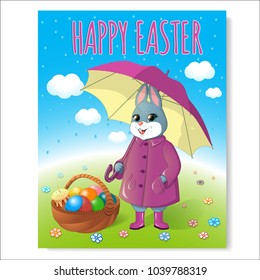 Festive poster for Easter. Easter rabbit in a violet cloak with an umbrella and a basket of painted eggs. Easter cake with a burning candle. Against the blue sky and green grass. Vector illustration.