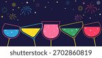 Festive poster with fireworks in night sky and cocktails. Banner for New Year