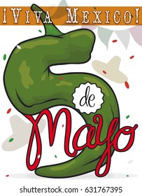 Festive poster with giant chili pepper like number five with confetti shower, Mexican hats and pennant to celebrate Cinco de Mayo (written in Spanish) event.