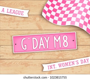 Festive poster for Girls Day. 8th March. Abbreviation slogan. Label in style car license plate. Top view. Vector design