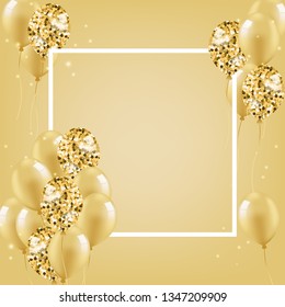 Festive poster of golden and glitter confetti balloons with empty frame in center. Vector 3D realistic inflatable balls.