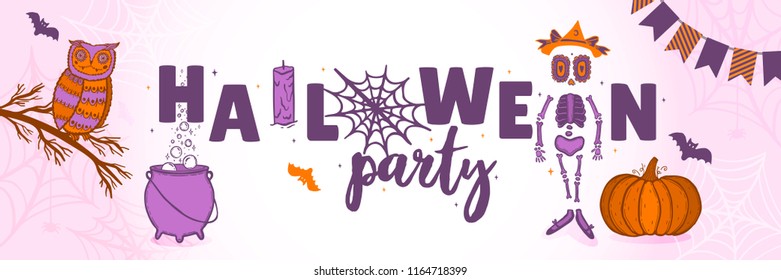 A festive poster for the Halloween party. Design of a horizontal banner for a holiday. Vector illustration.