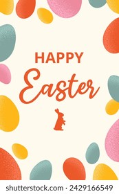 Festive poster for Happy Easter with frame of colorful eggs and text. Ovate geometric forms with grainy textures. Creative concept for card, invitations, label, sale.