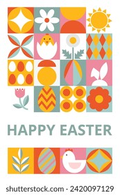 Festive poster for Happy Easter with text. Modern design with simple geometric shapes. Icons with eggs, bunny, flowers, chicken, sun. Bauhaus style. Layout for card, poster, advertising, banner