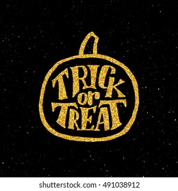 Festive poster for Happy Halloween party with hand lettering text and golden pumpkin on black background. Decoration design element with typography. Trick or Treat holiday tradition.