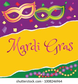 Festive poster Mardi Gras masks and colorful beads.