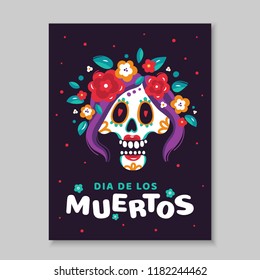 The festive poster for the Mexican day of the dead Dia de los Muertos with a hand-painted skull. Unique art for t-shirts, fashion design, gift products.