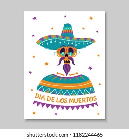 A festive poster to the Mexican day of the dead dia de Los Muertos with a skeleton in a poncho and sombrero. Unique art for t-shirts, fashion design, gift products.