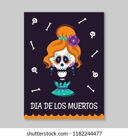 The festive poster for the Mexican day of the dead Dia de los Muertos with a hand-painted skull. Unique art for t-shirts, fashion design, gift products.