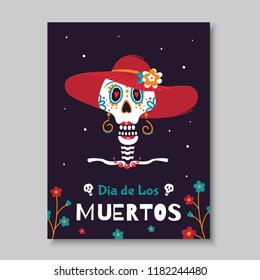 The festive poster for the Mexican day of the dead Dia de los Muertos with a hand-painted skull. Unique art for t-shirts, fashion design, gift products.