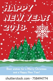 Festive poster with a new year and a Merry Christmas. Greeting card with a trees and snow. Flat vector illustration EPS10.