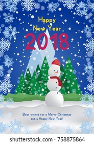 Festive poster with a new year and a Merry Christmas. Greeting card with a snowman on a background of trees and snow mountains. Flat vector illustration EPS10.