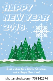 Festive poster with a new year and a Merry Christmas. Greeting card with a trees and snow. Flat vector illustration EPS10.