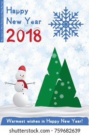 Festive poster with a new year and a Merry Christmas. Greeting card with a snowman on a background of trees and snow. Flat vector illustration EPS10.