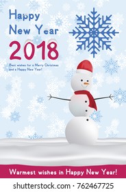 Festive poster with a new year and a Merry Christmas. Greeting card with a snowman on a background of snow. Flat vector illustration EPS10.