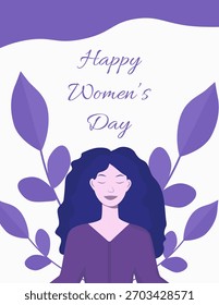 Cartaz festivo sobre um fundo branco com uma menina, decorado com plantas. Projeto para saudações, banners e redes sociais para o Dia Internacional da Mulher