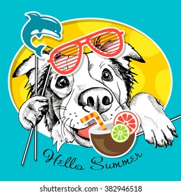 Festive poster with portrait of a Australian shepherd with summer photo booth props. Vector illustration.