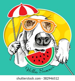 Festive poster with portrait of a Basset Hound with summer photo booth props. Vector illustration.