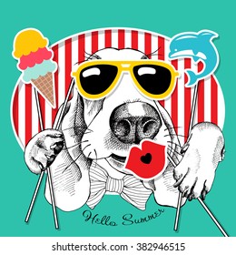 Festive poster with portrait of a Basset Hound with summer photo booth props. Vector illustration.