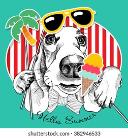 Festive poster with portrait of a dog with summer photo booth props. Vector illustration.