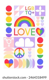 Festive poster for Pride Month with text. Modern design with simple geometric shapes. Icons with various hearts, rainbow, symbols. Bauhaus style. Layout for card, poster, advertising, banner