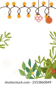 Festive Poster template featuring hanging ornaments, yellow string lights, greenery, and snowflakes on a peach background with blank space.