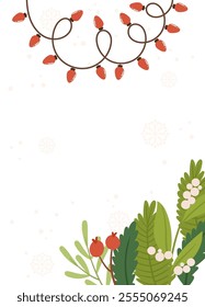 Festive Poster template featuring red string lights, greenery, berries, and snowflakes on a peach background with blank space