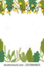 Festive Poster template featuring yellow string lights, greenery, and snowflakes framing a blank space on a peach background.