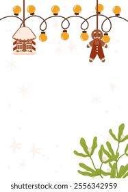 Festive Poster template frame featuring a gingerbread house, gingerbread man, yellow string lights, greenery, and a light peach background with blank space.