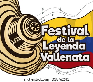 Festive Poster With Traditional Vueltiao Hat, Colombia Flag And Musical Notes For Vallenato Legend Festival (written In Spanish).