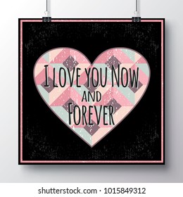 Festive poster for Valentine's day with a texture heart and hand-lettering. Handwritten script sign or slogan whith heart - perfect design element for banner, flyer, postcard or poster.