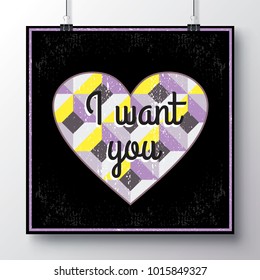 Festive poster for Valentine's day with a texture heart and hand-lettering. Handwritten script sign or slogan whith heart - perfect design element for banner, flyer, postcard or poster.