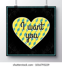 Festive poster for Valentine's day with a texture heart and hand-lettering. Handwritten script sign or slogan whith heart - perfect design element for banner, flyer, postcard or poster.